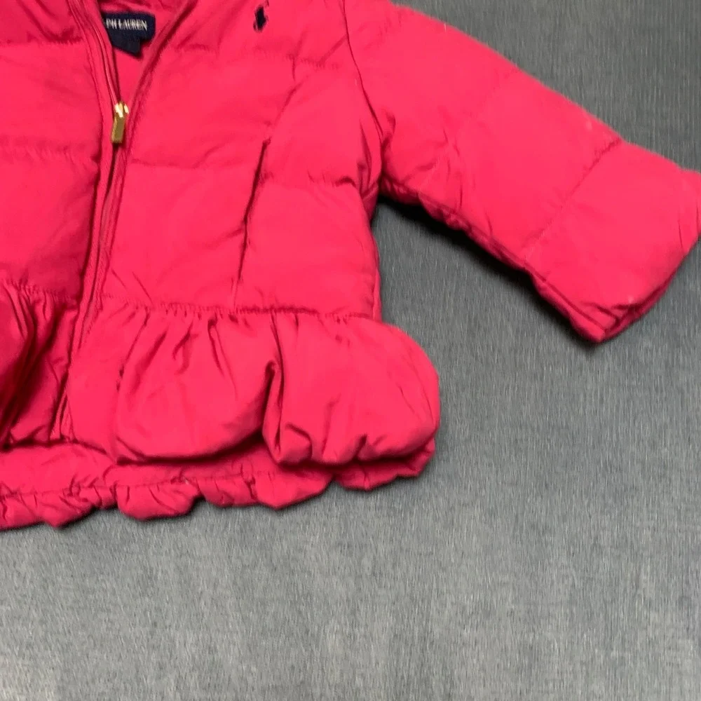 Ralph Lauren Puffer Jacket Girls 18M Pink Ruffle Hem Pony Logo Full Zip Hooded